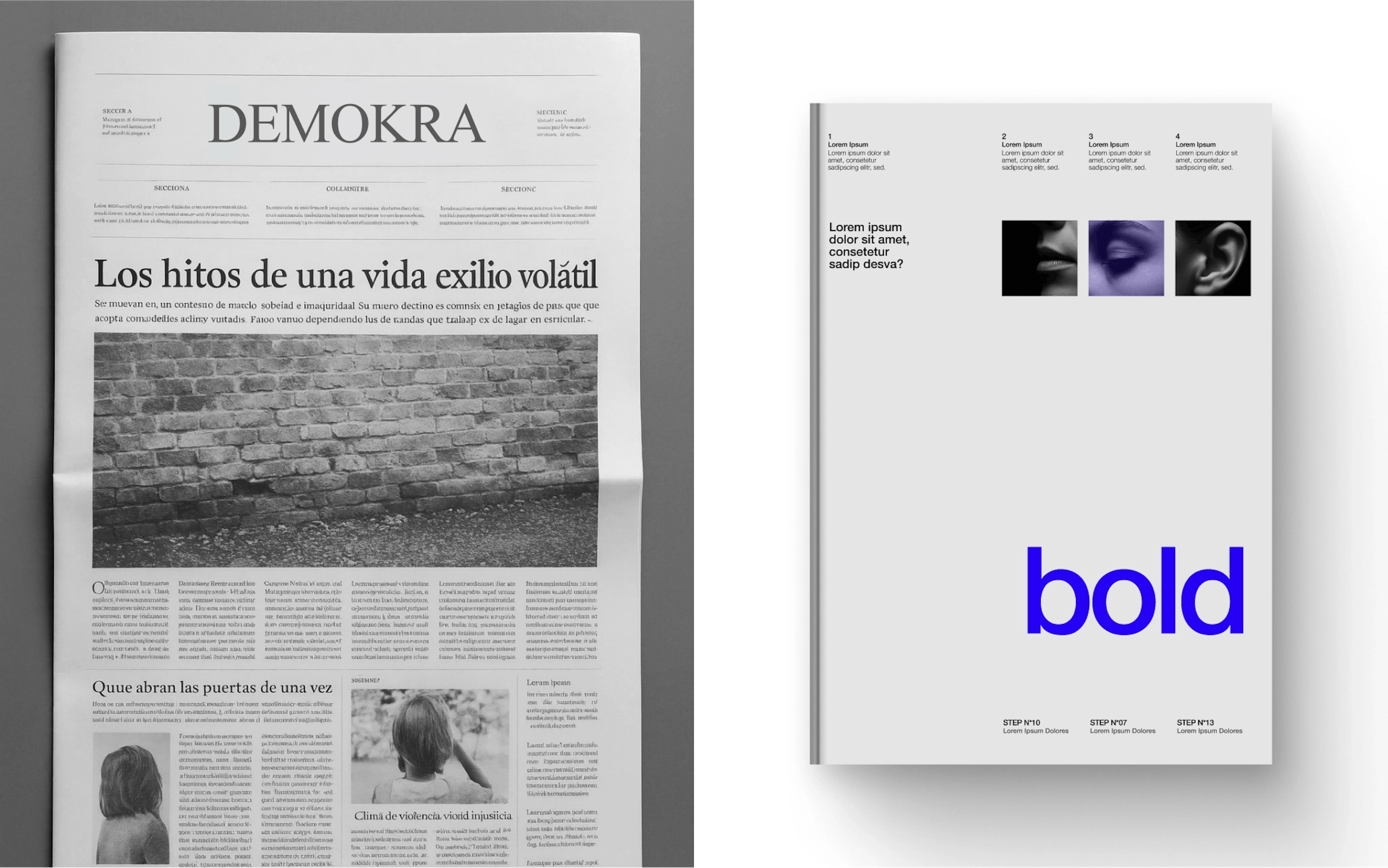 Zeitungsseite und Magazincover im typografischen Vergleich nebeneinander dargestellt.