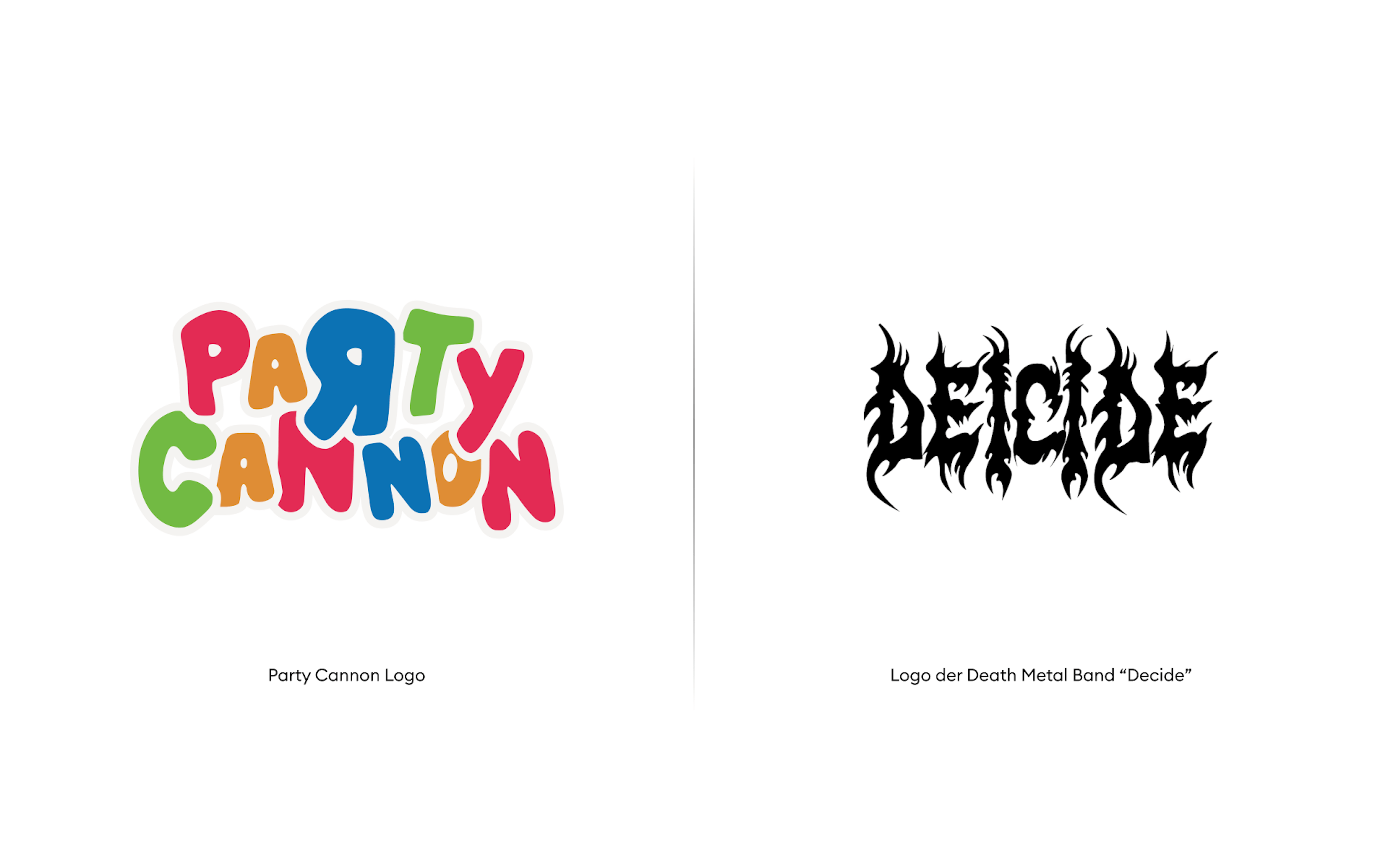 Buntes Party Cannon Logo neben schwer lesbarem, schwarzem Death-Metal-Logo von Deicide.