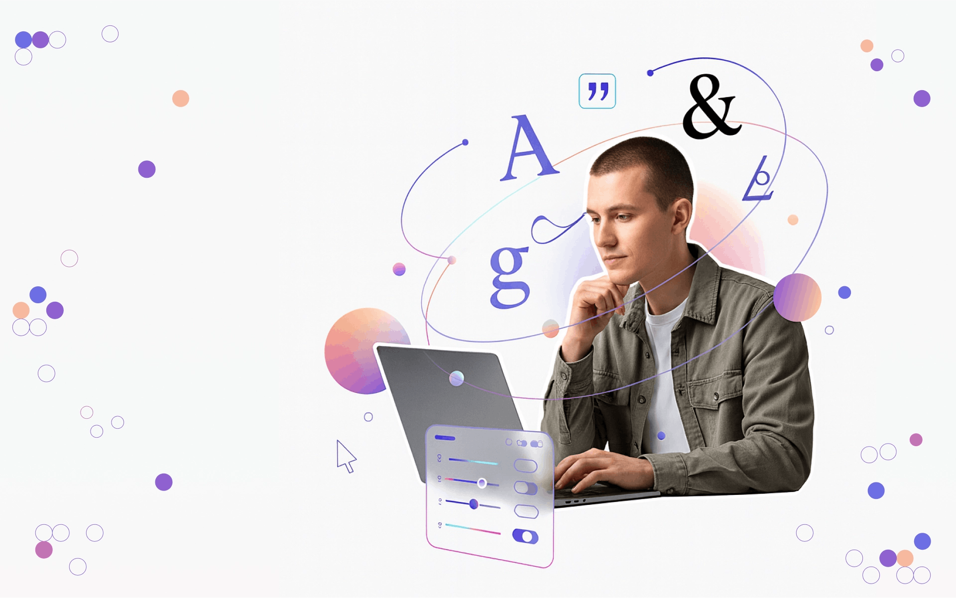 Junger Mann arbeitet am Laptop, umgeben von typografischen Symbolen und Buchstaben.