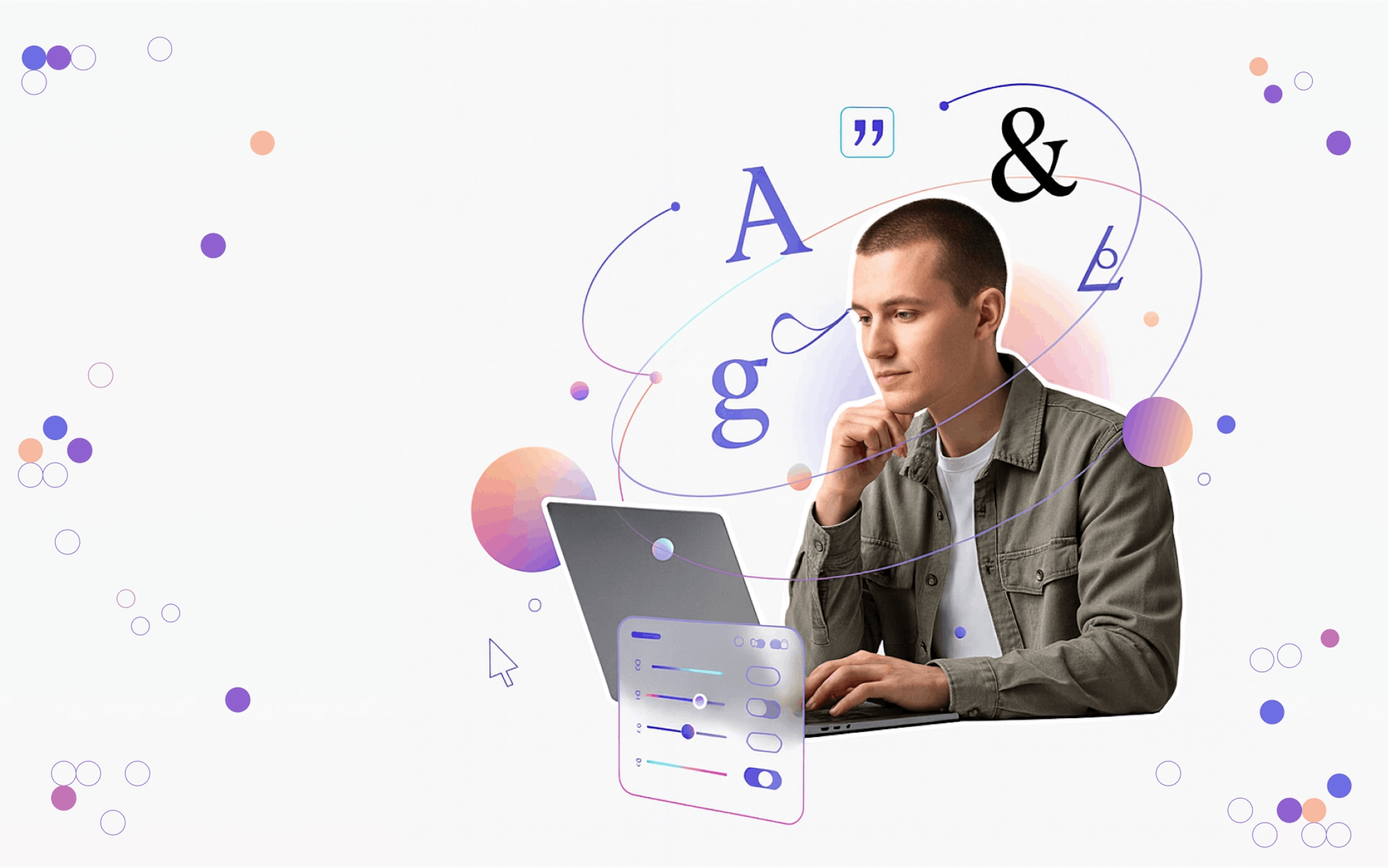 Junger Mann arbeitet am Laptop, umgeben von typografischen Symbolen und Buchstaben.