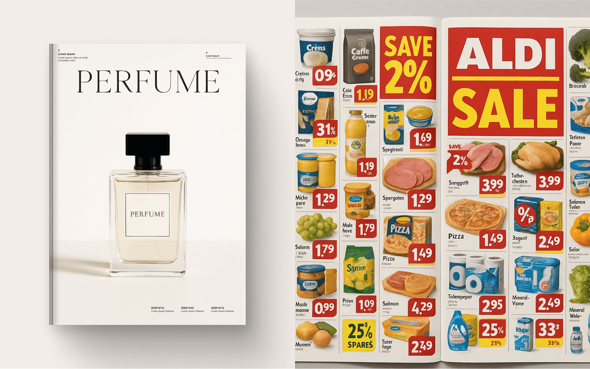 Parfüm-Magazincover neben buntem ALDI-Werbeflyer mit Angeboten und roten SALE-Schildern.