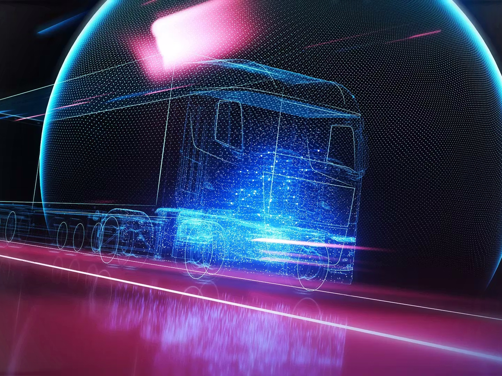 Digitales Drahtgitter eines Lkw mit Datenpunkten im Neonlicht