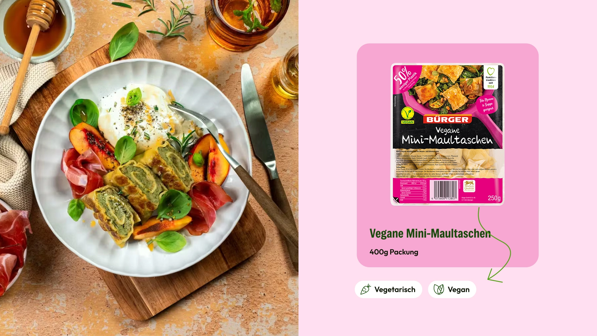 Teller mit Maultaschen und Gemüse neben von Werk 8 designter Rezeptkarte„Vegane Mini-Maultaschen“ von BÜRGER Maultaschen