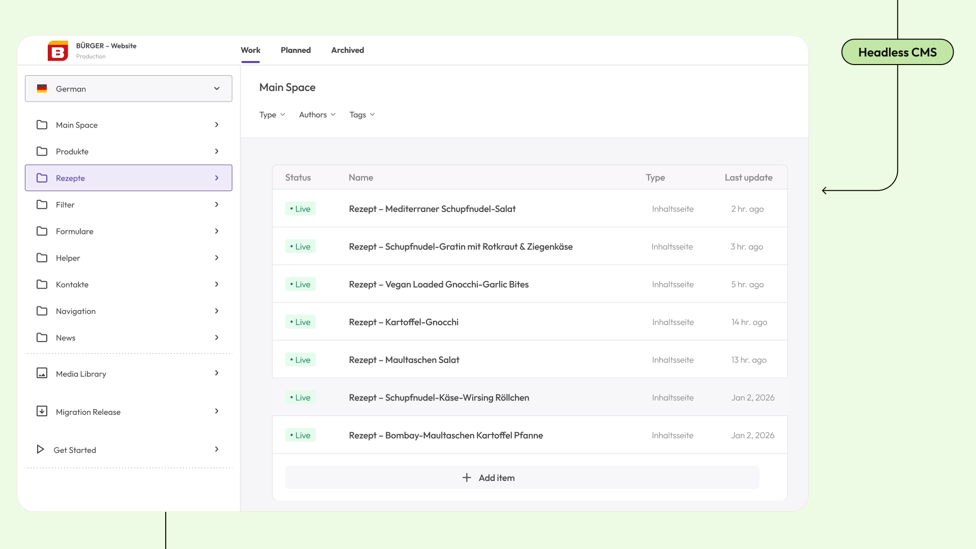 Backend-Übersicht von Werk 8 eines Headless CMS mit Rezeptliste im Adminbereich, das für BÜRGER erstellt wurde