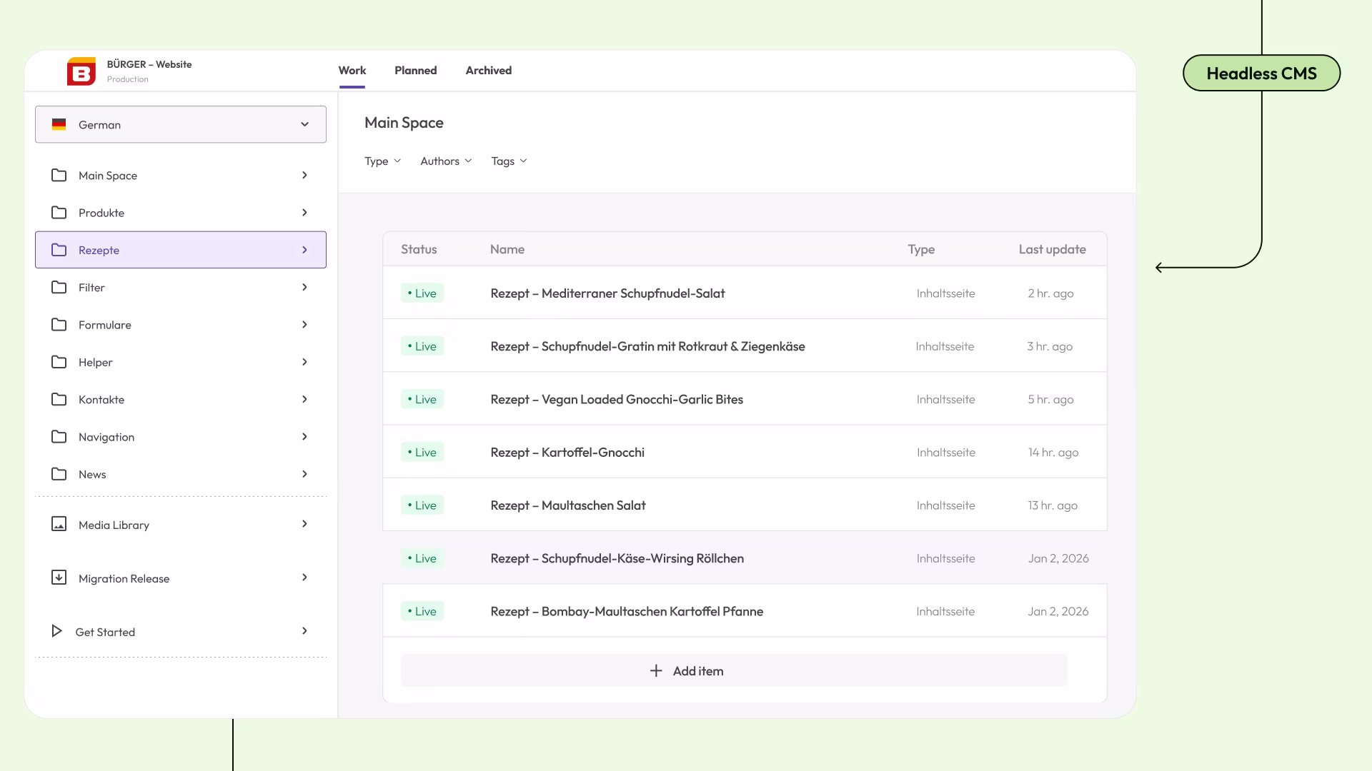Backend-Übersicht von Werk 8 eines Headless CMS mit Rezeptliste im Adminbereich, das für BÜRGER erstellt wurde