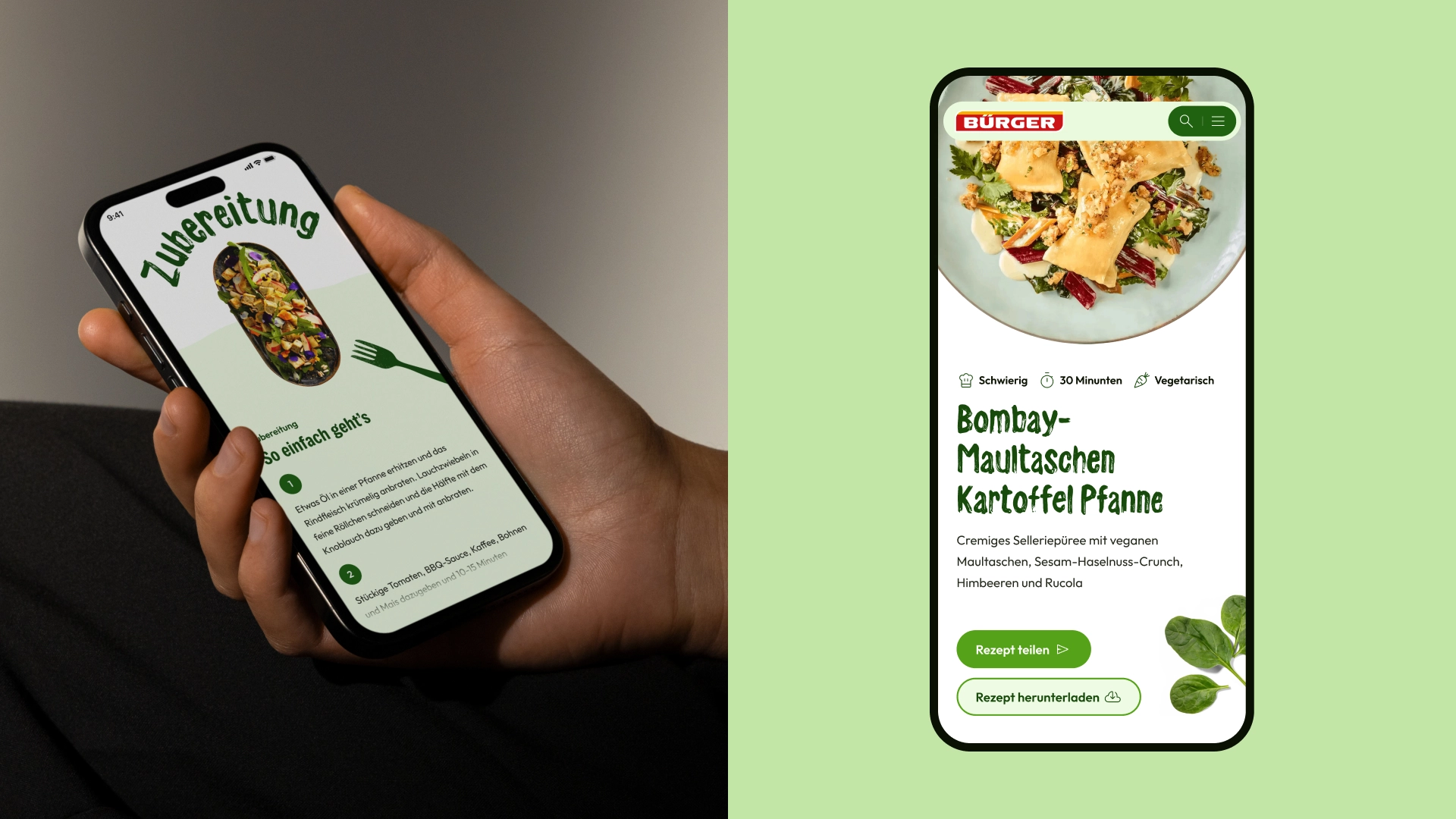 Smartphone mit Rezeptansicht für Maultaschen-Kartoffel-Pfanne und der Ansicht der Zubereitung des Gerichts von BÜRGER