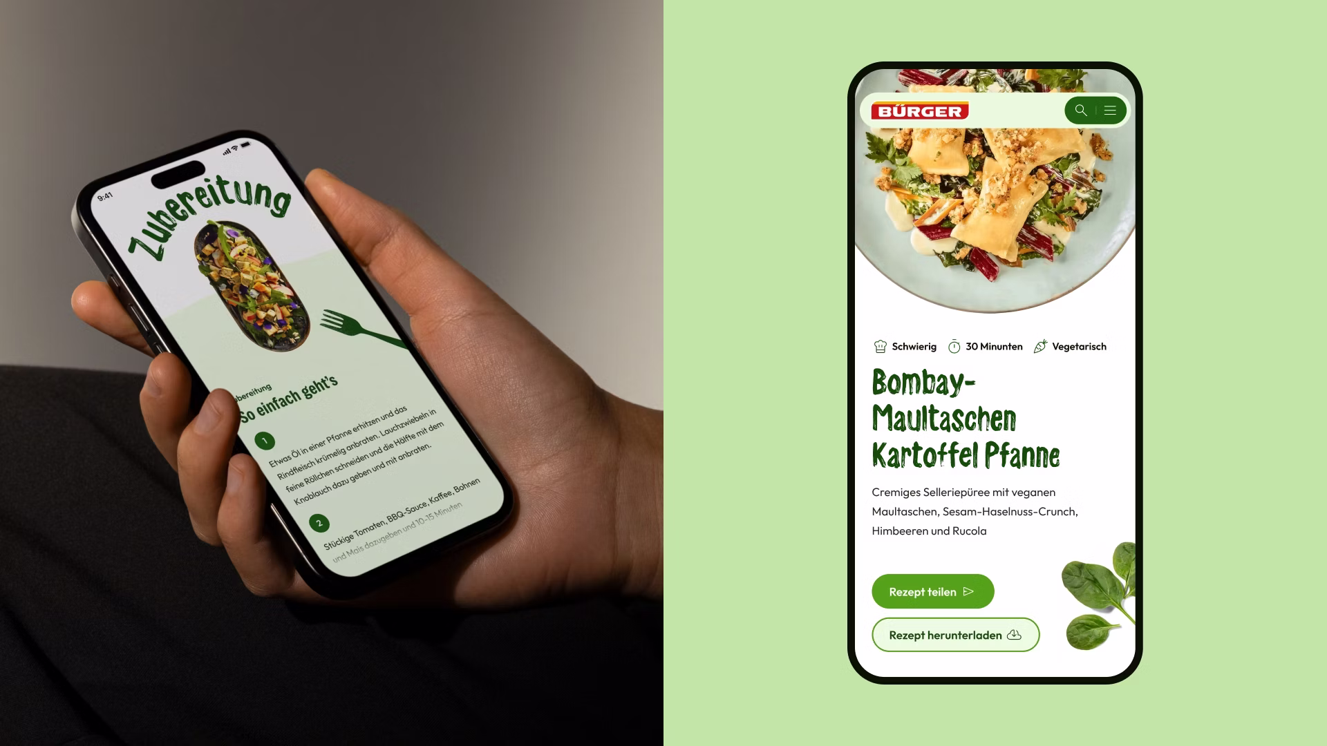 Smartphone mit Rezeptansicht für Maultaschen-Kartoffel-Pfanne und der Ansicht der Zubereitung des Gerichts von BÜRGER