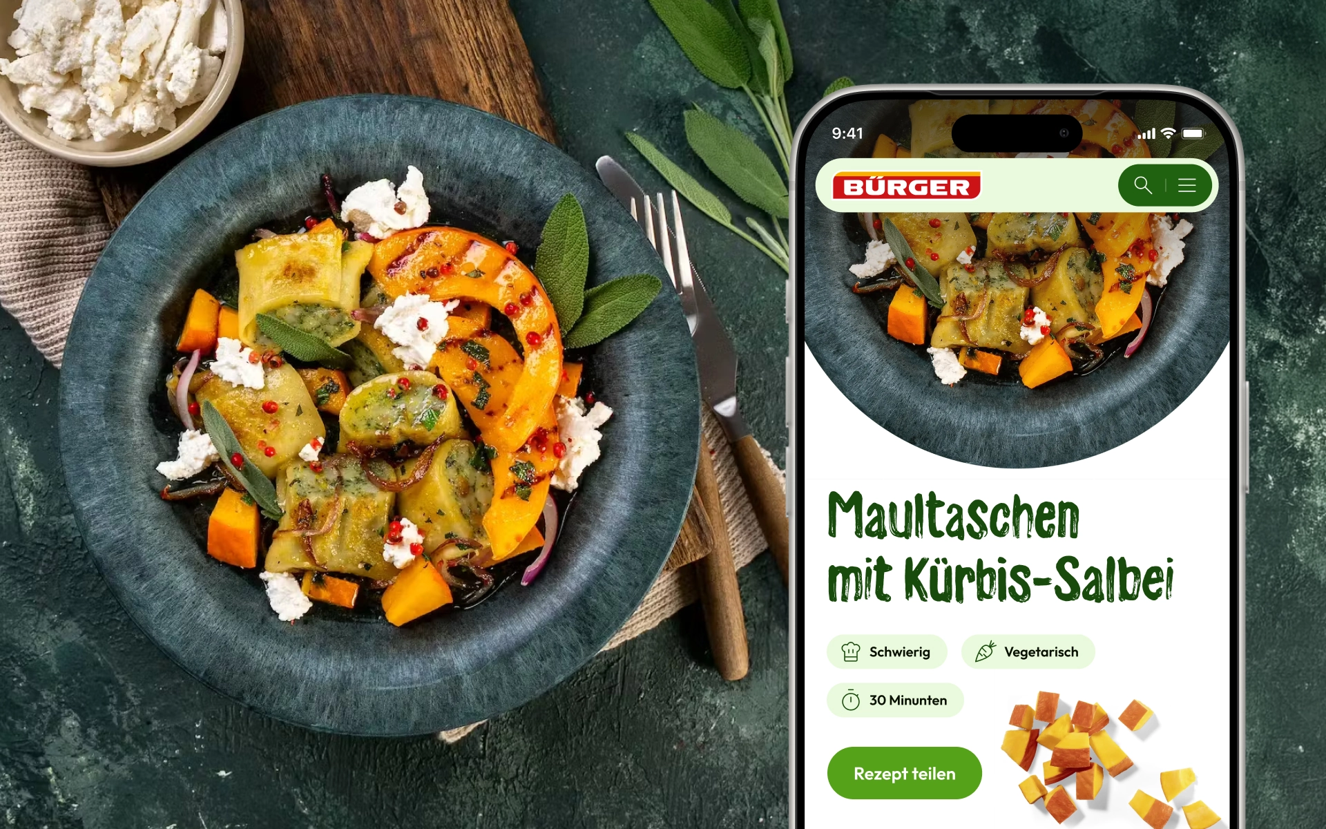 Gericht von BÜRGER auf Teller mit mobiler Rezeptansicht von Werk 8