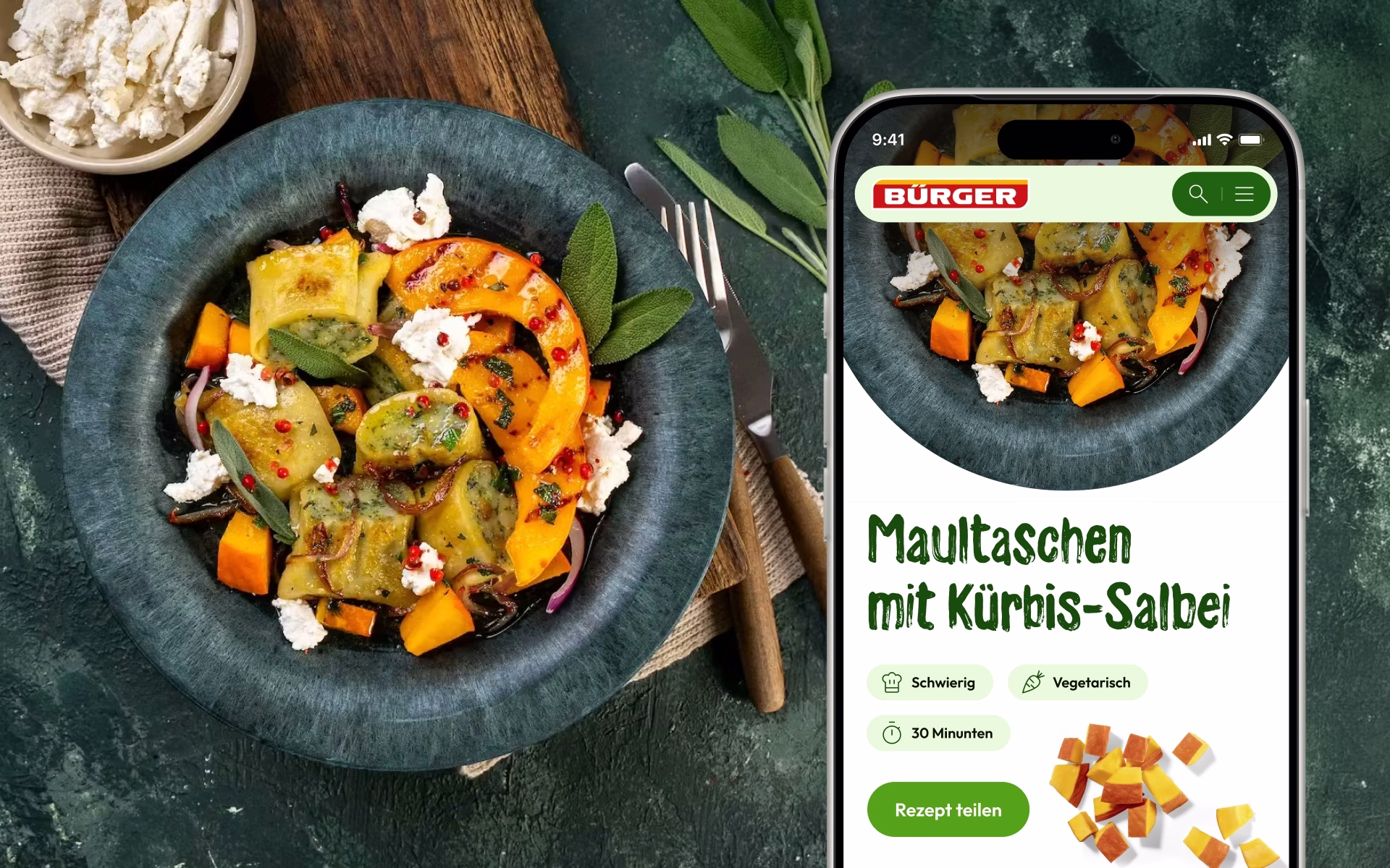 Gericht von BÜRGER auf Teller mit mobiler Rezeptansicht von Werk 8