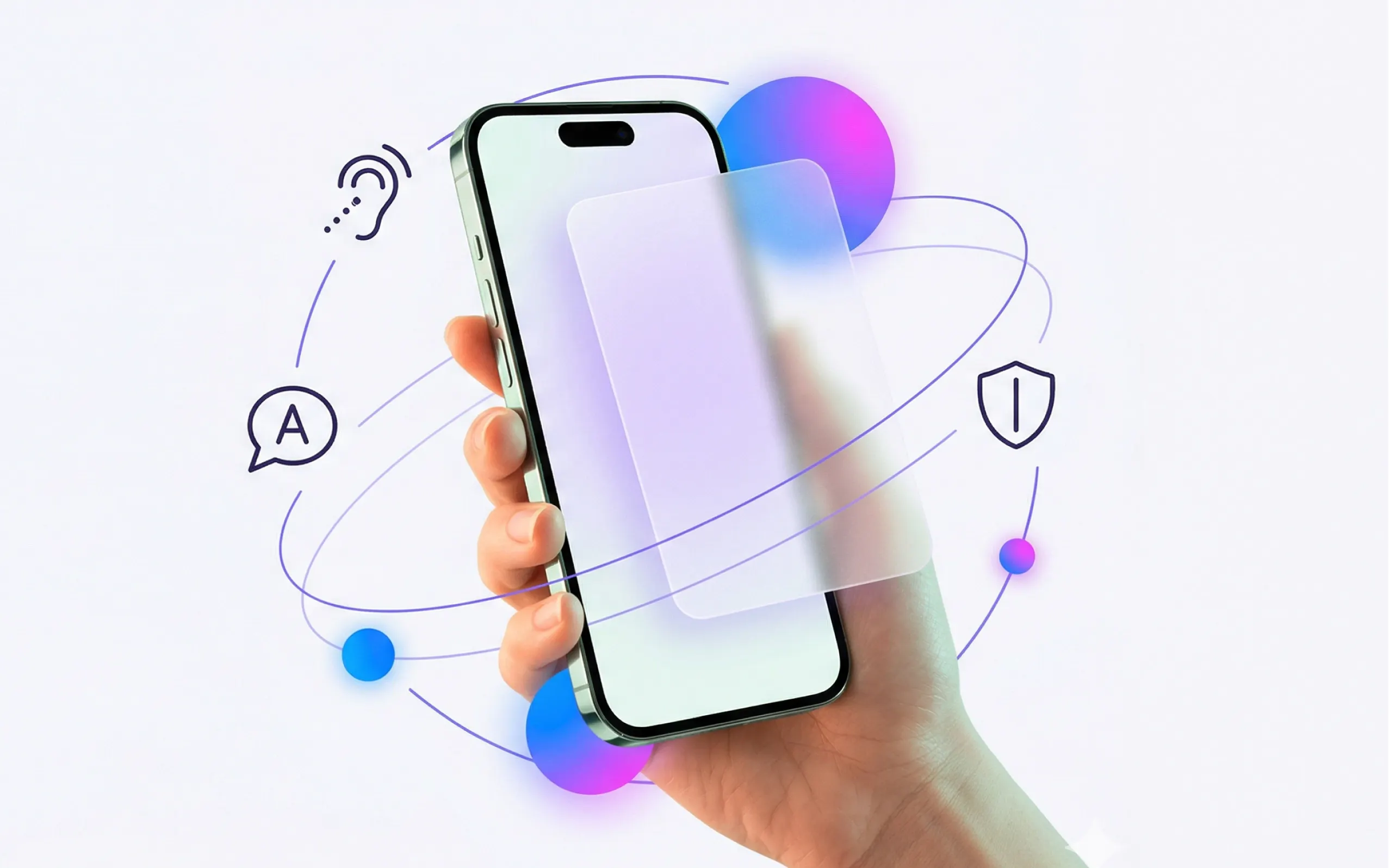 Illustrative Darstellung eines Smartphones mit einer schwebenden Glasschicht, die ein Accessibility Overlay symbolisiert, umgeben von Icons für Barrierefreiheit wie Hörunterstützung und Sprachauswahl.