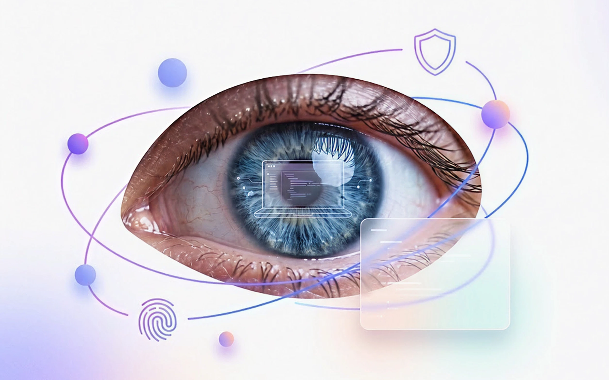 Nahaufnahme eines menschlichen Auges mit blauer Iris, überlagert von digitalen Elementen wie Code-Fenstern, einem Fingerabdruck-Icon und einem Schutzschild-Symbol, umgeben von abstrakten violetten Umlaufbahnen auf hellem Hintergrund.