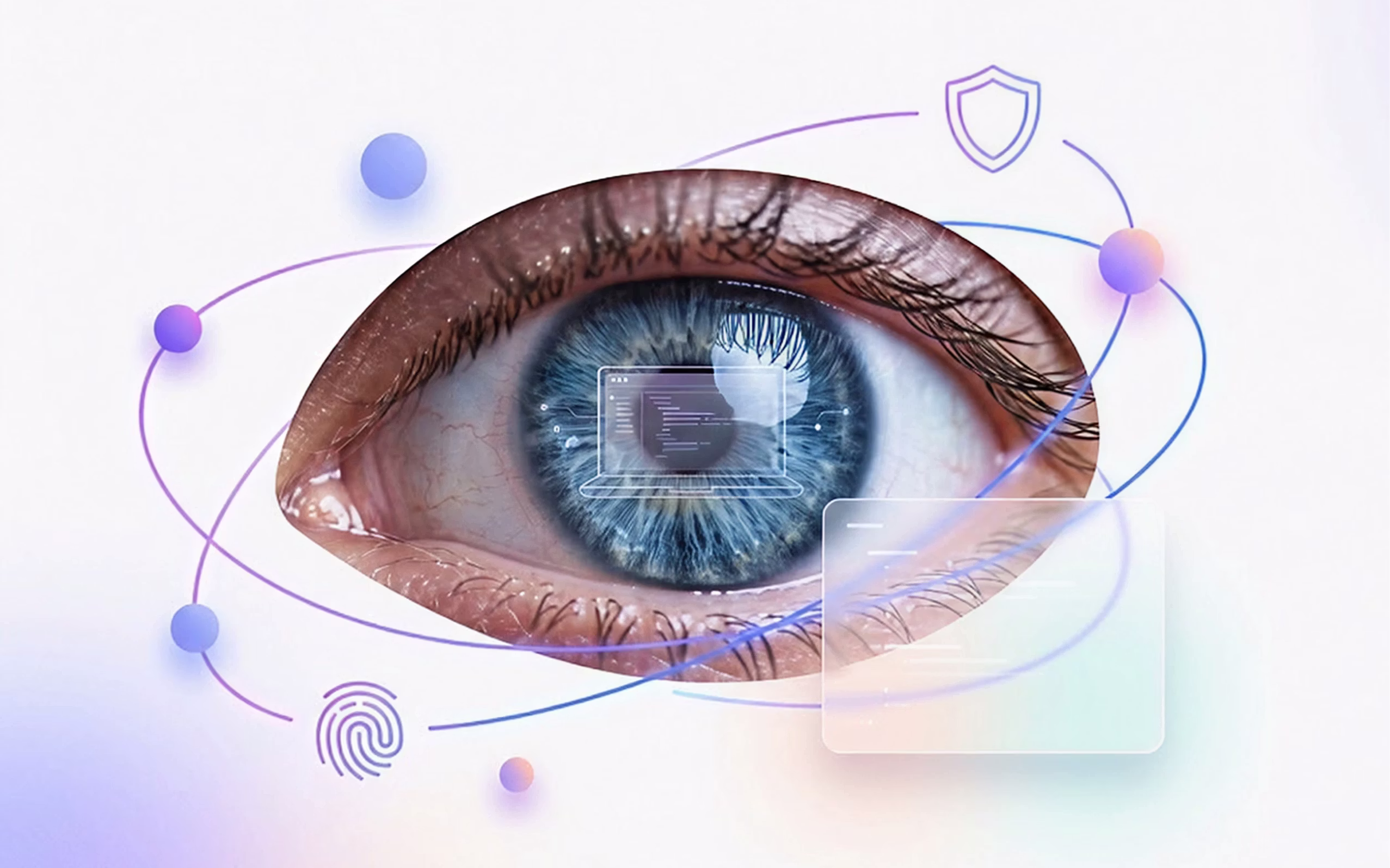 Nahaufnahme eines menschlichen Auges mit blauer Iris, überlagert von digitalen Elementen wie Code-Fenstern, einem Fingerabdruck-Icon und einem Schutzschild-Symbol, umgeben von abstrakten violetten Umlaufbahnen auf hellem Hintergrund.