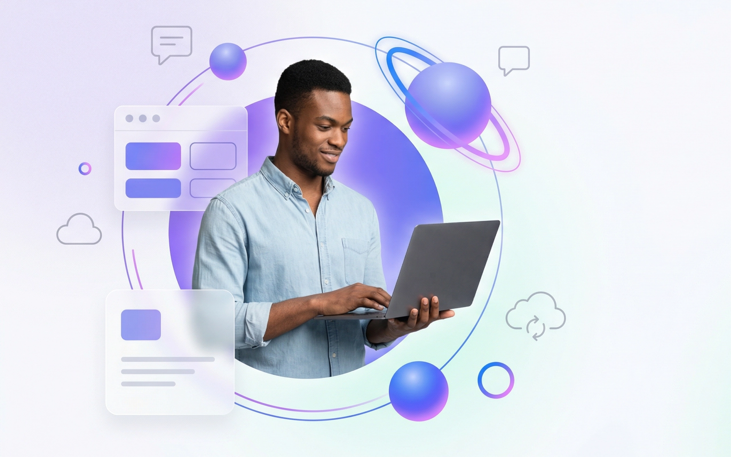 Illustrativer Stil mit einem Mann, der einen Laptop bedient, umgeben von schwebenden digitalen UI-Elementen, Kugeln, Planeten und Icons, die Konnektivität und Technologie symbolisieren.