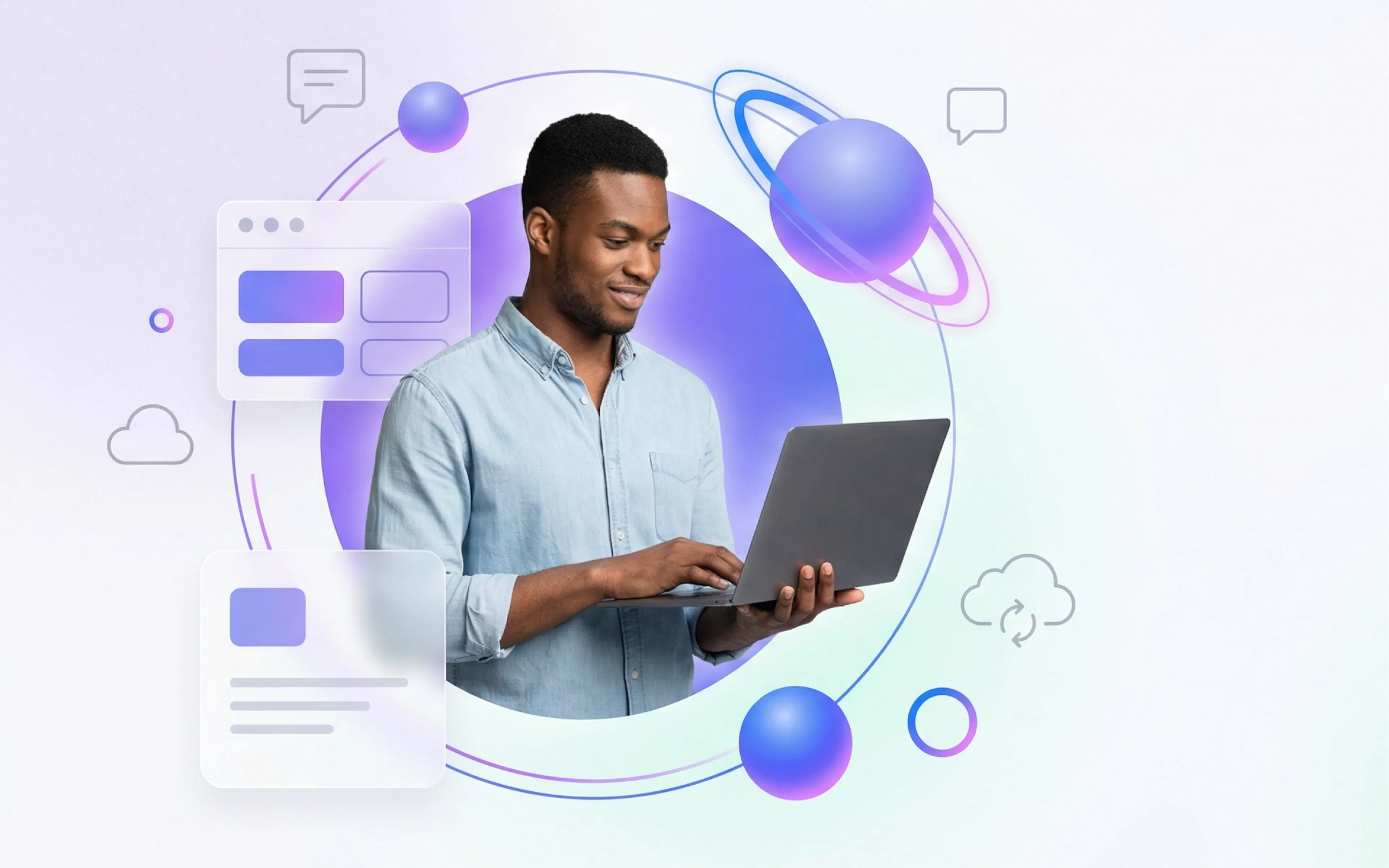 Illustrativer Stil mit einem Mann, der einen Laptop bedient, umgeben von schwebenden digitalen UI-Elementen, Kugeln, Planeten und Icons, die Konnektivität und Technologie symbolisieren.