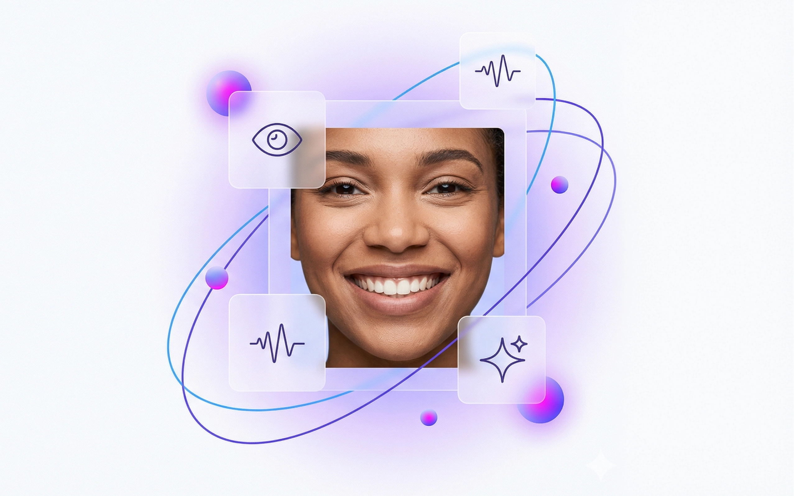Ein lächelndes Gesicht, umrahmt von einem interaktiven technologischen Orbital-Geflecht mit schwebenden Kacheln, die biometrische Datenpunkte und fortschrittliche Erkennungsfunktionen darstellen.