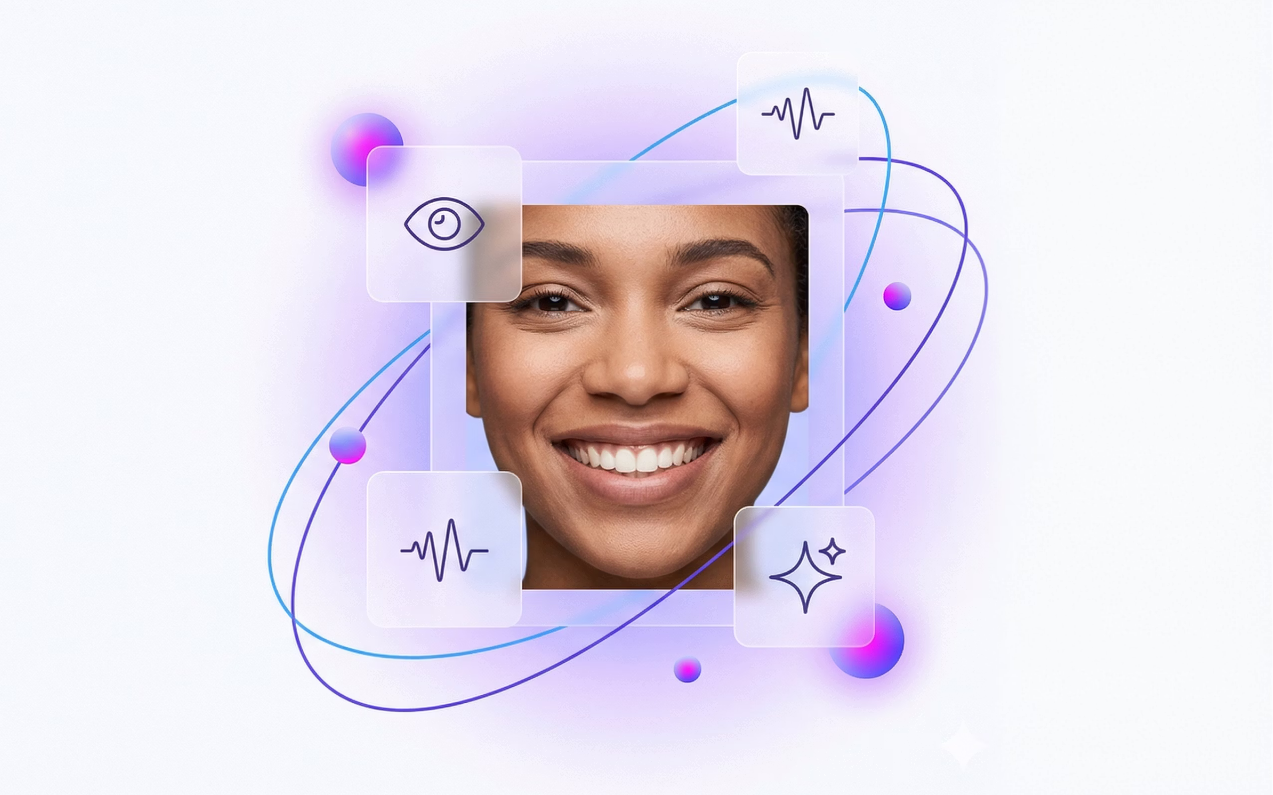 Ein lächelndes Gesicht, umrahmt von einem interaktiven technologischen Orbital-Geflecht mit schwebenden Kacheln, die biometrische Datenpunkte und fortschrittliche Erkennungsfunktionen darstellen.