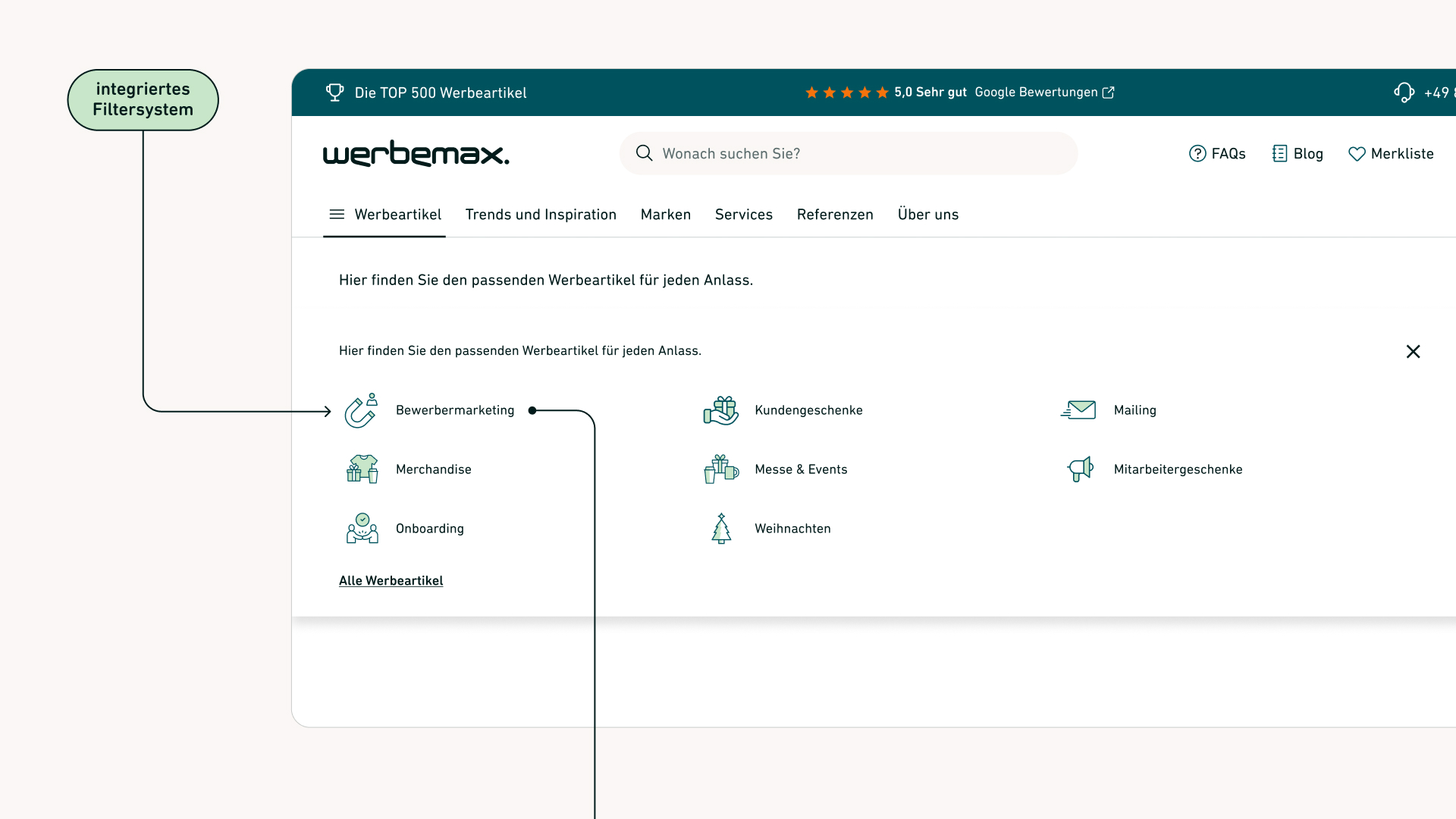 werbemax Navigation mit geöffnetem Mega-Menü und Kategorien wie Merchandise und Weihnachten