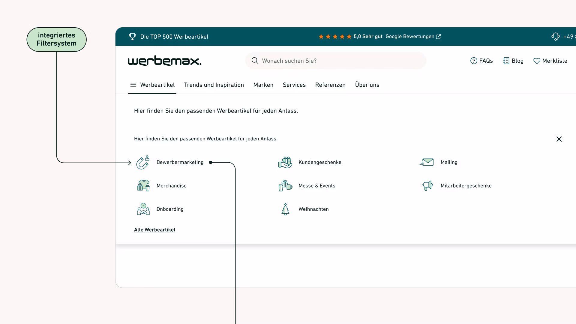 werbemax Navigation mit geöffnetem Mega-Menü und Kategorien wie Merchandise und Weihnachten