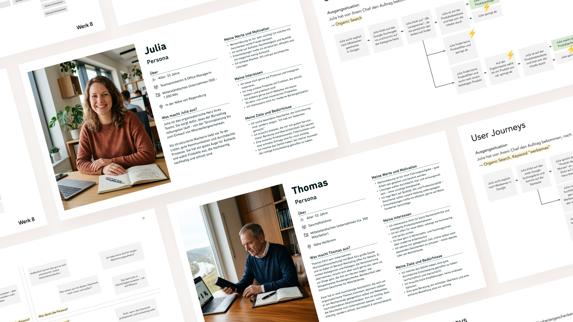 UX-Strategiedokument mit zwei Buyer-Personas und User-Journey-Diagrammen auf weißem Hintergrund