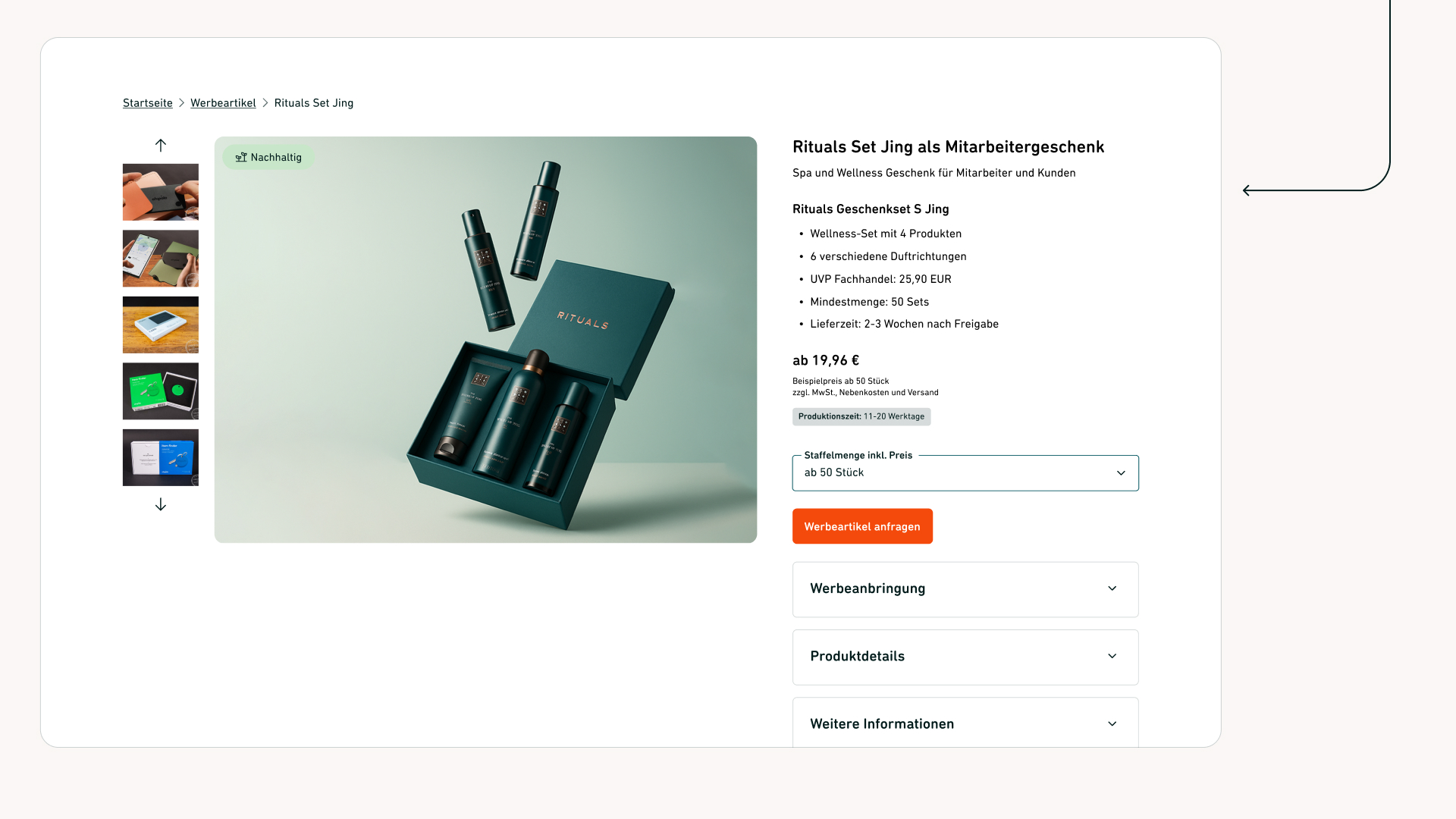 Produktdetailseite mit Rituals Jing Pflegeset in dunkelgrüner Box auf hellem Hintergrund