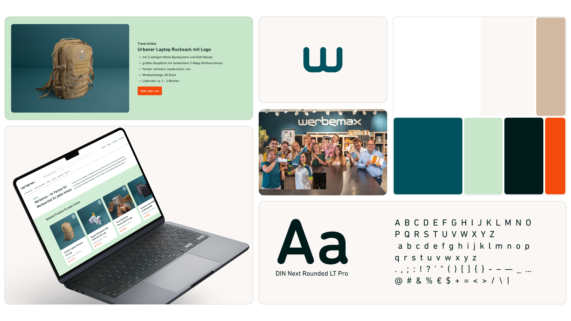 Brand-Board von werbemax mit Logo, Farbschema, Typografie und Webdesign-Vorschau