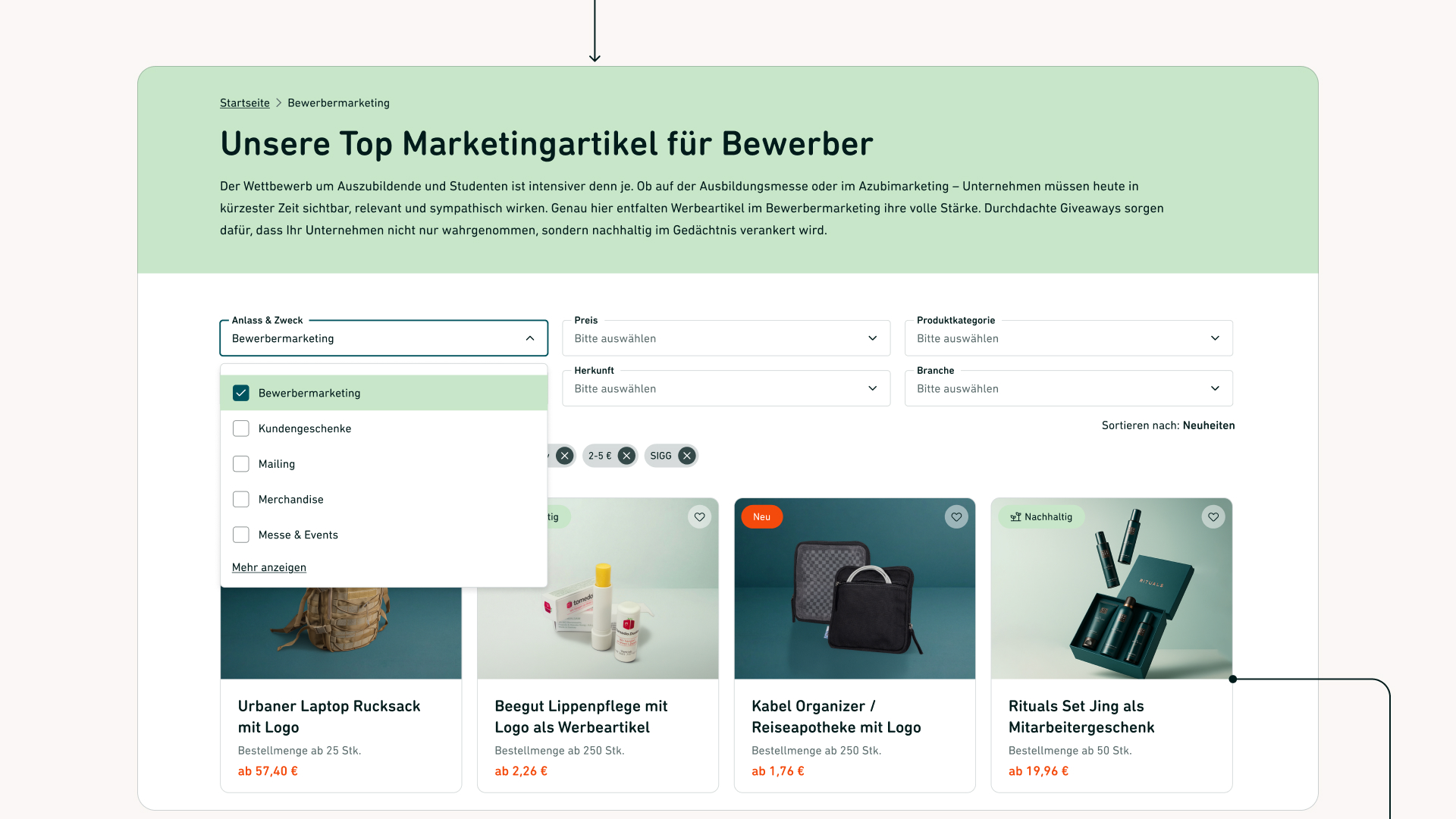 Kategorienseite Bewerbermarketing mit geöffnetem Filtermenü und vier Produktkarten