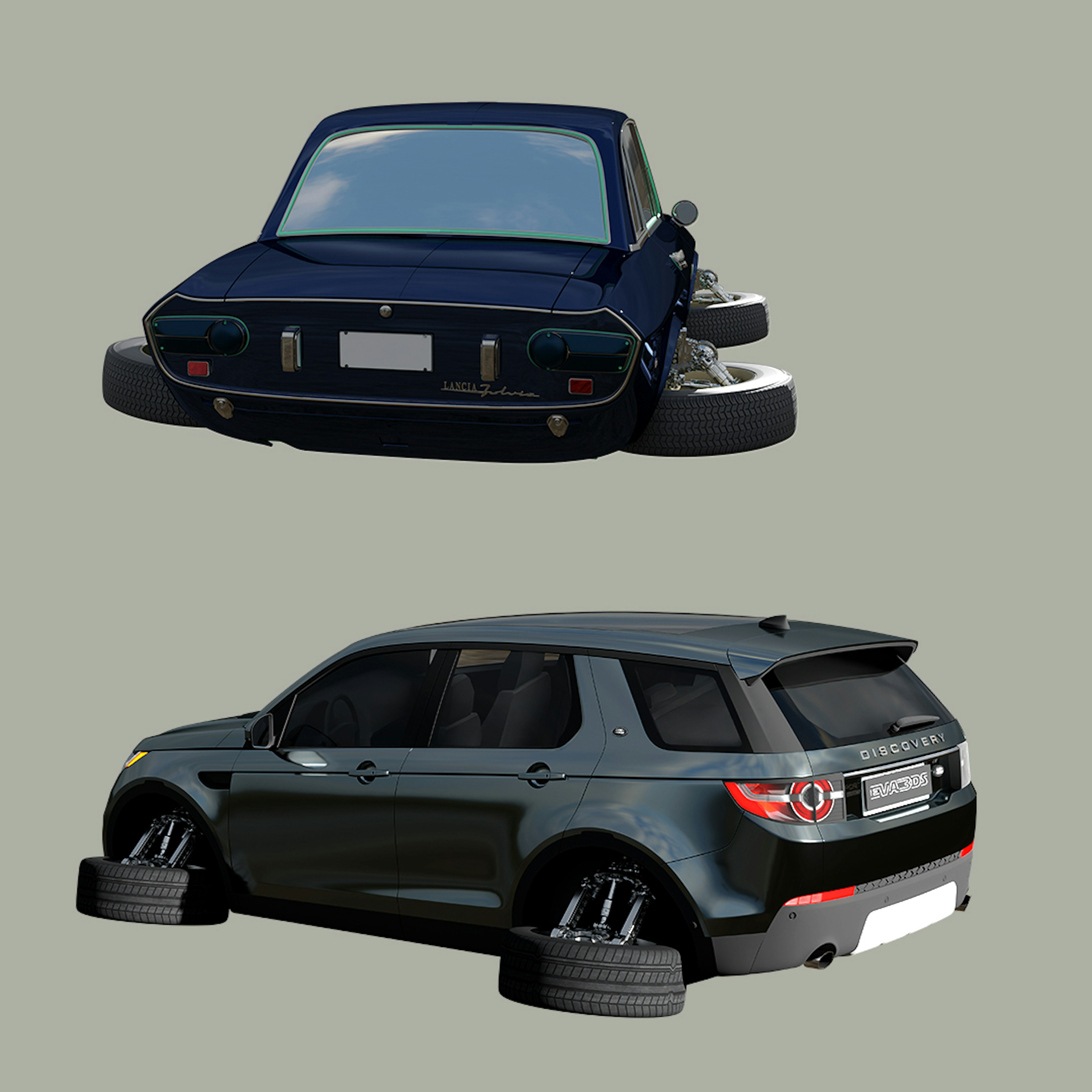 Illustration 3D waaaw.studio, voitures volantes customisées pour scénographie.