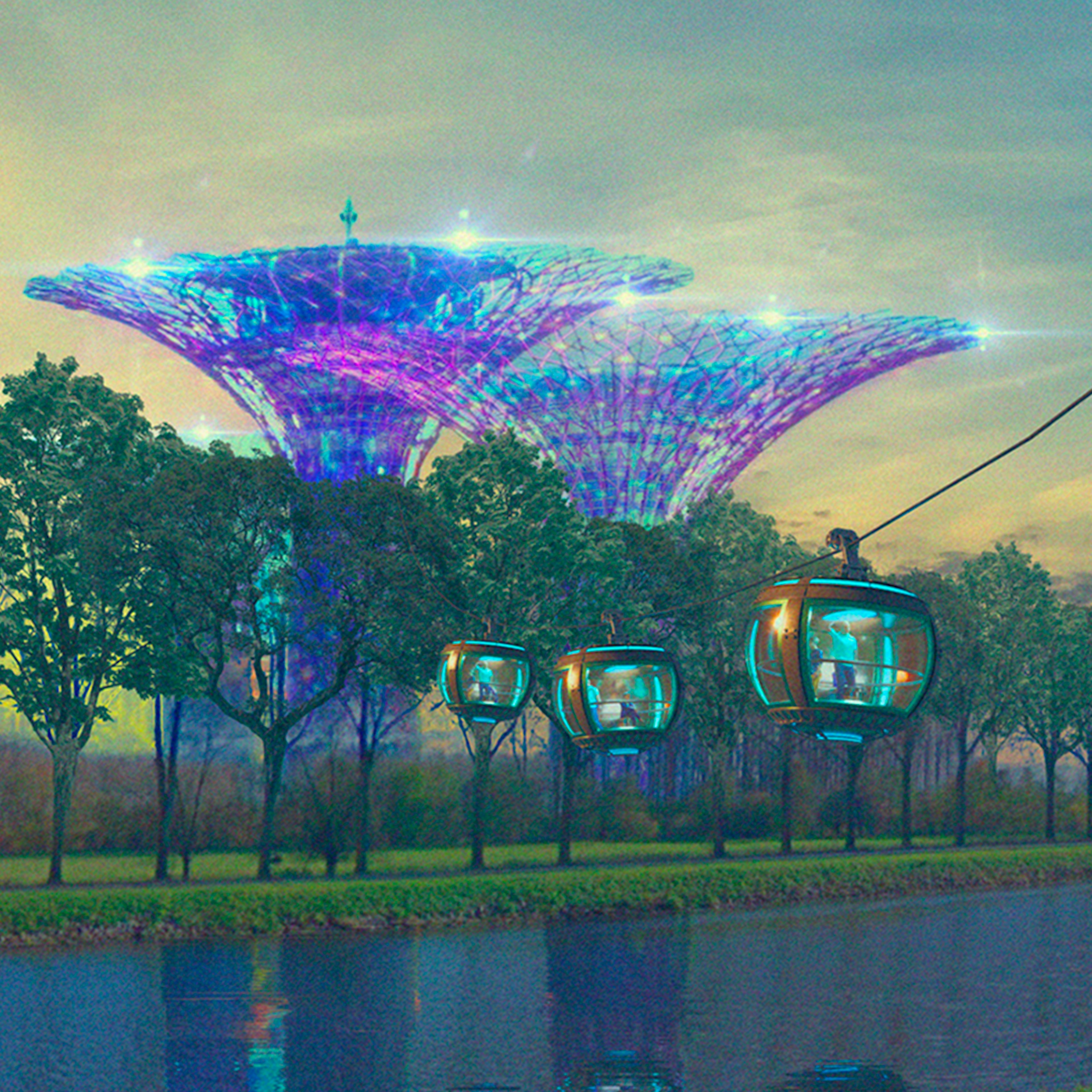 Zoom illustration waaaw.studio, nature intégrée à bâtiments futuristes et téléphérique.