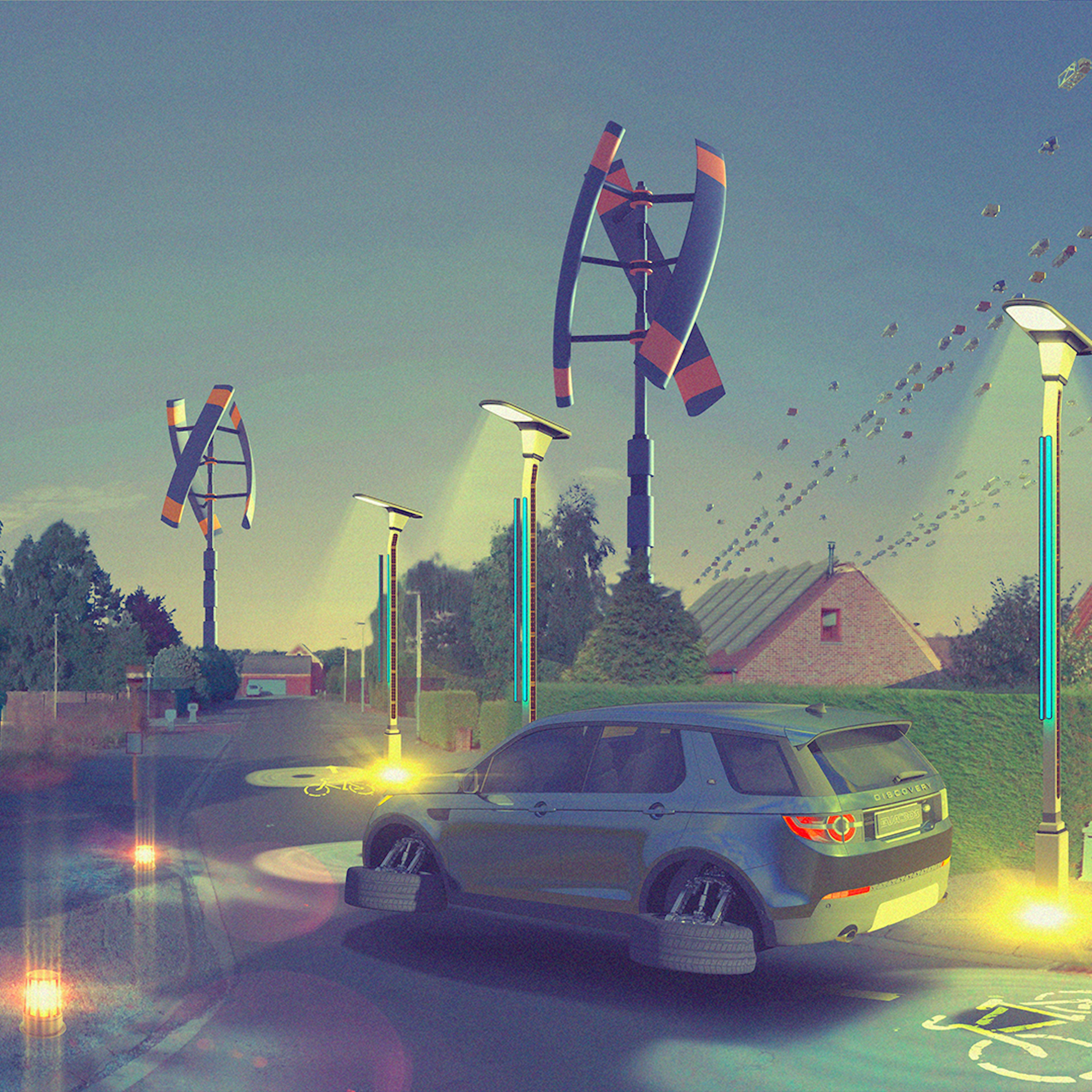 Wireframe 3D waaaw.studio, voitures volantes dont un combi de police belge.