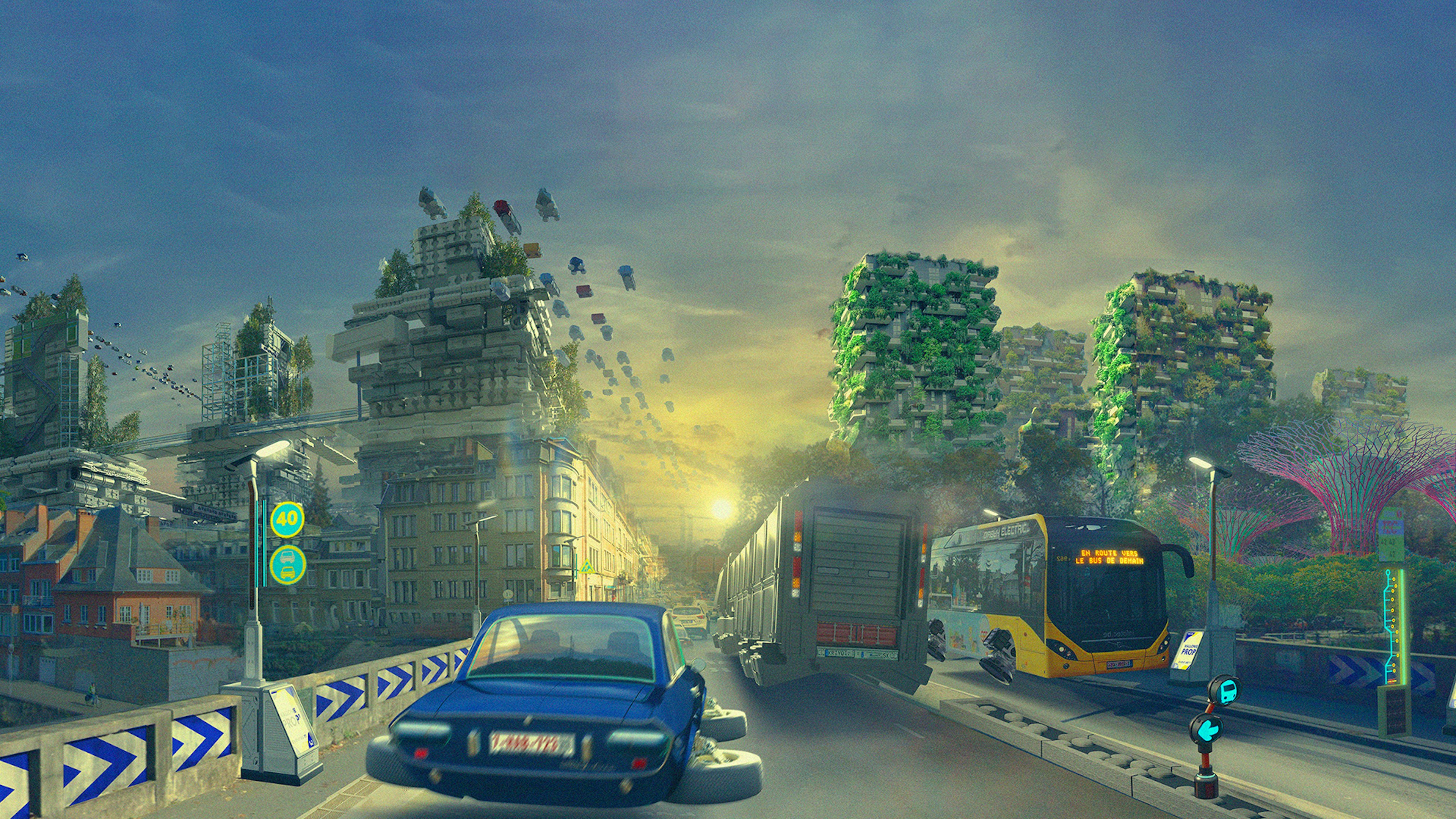 Illustration 2D waaaw.studio, ville wallonne futuriste et écologique positive.