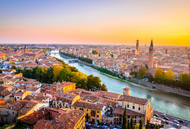 Beautiful sunset aerial view of Verona, Veneto region, Italy.