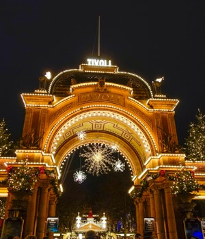 The beautifully decorated gates to Copenhagen's Tivoli in Denmark during the holidays