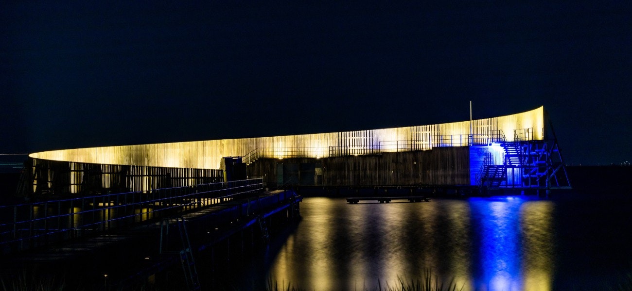 The Kastrup Sea bath at night on the Oresund, Copenhagen