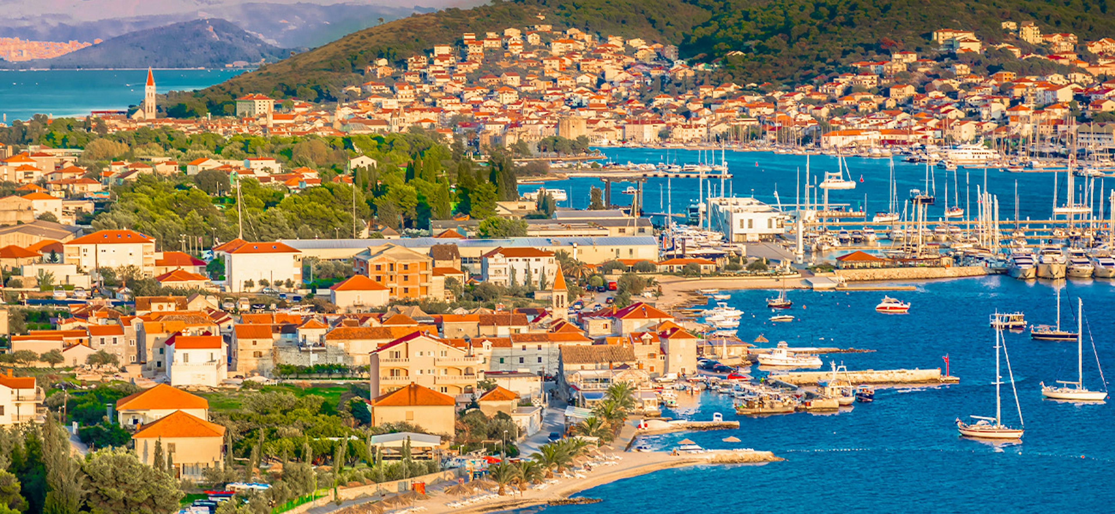 Aerial view at town Trogir, a small tourist town in a suburb of Split, Dalmatia region in Croatia.