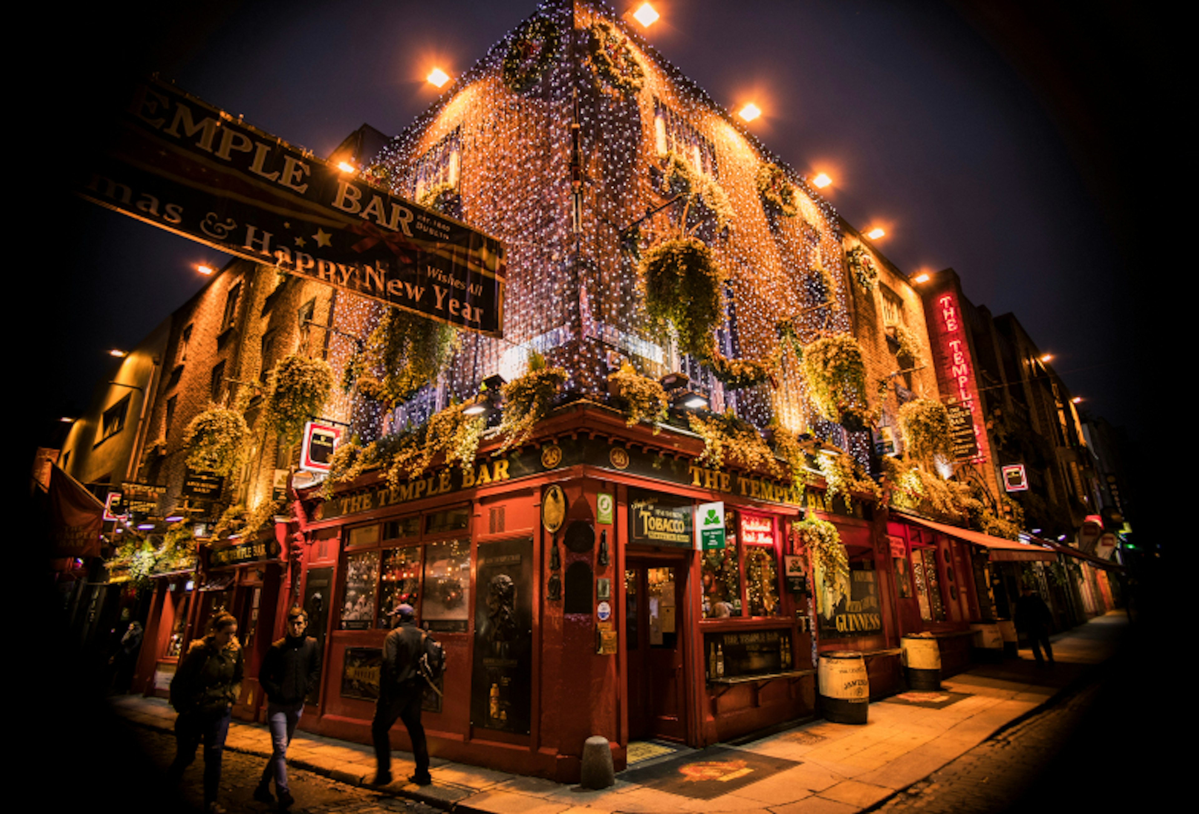 Night view from christmas time of the temple bar, Dublin