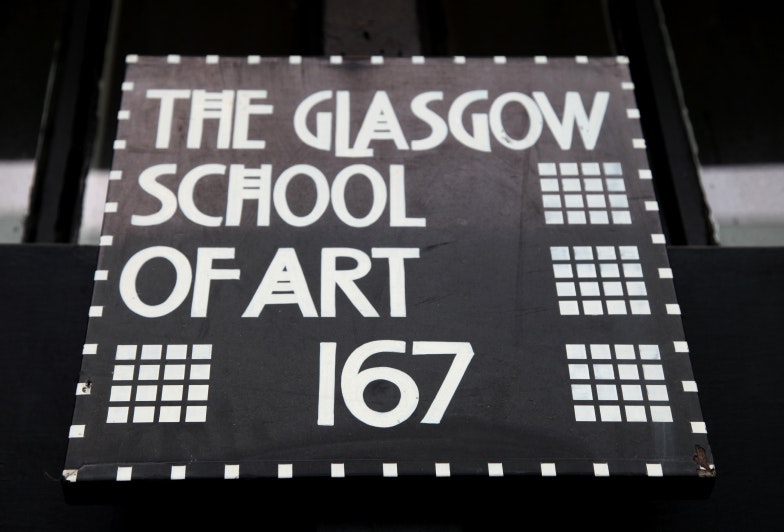 Close up of iconic sign at the entrance to the Glasgow School of Art building