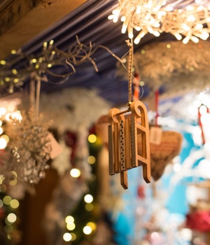 A close up shot of Christmas decorations at a Christmas market in Toronto in Canada