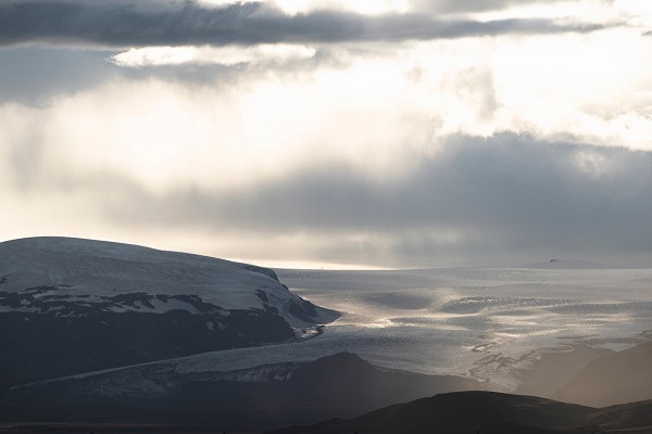A gloomy view of stormy weather approaching the coast of Iceland