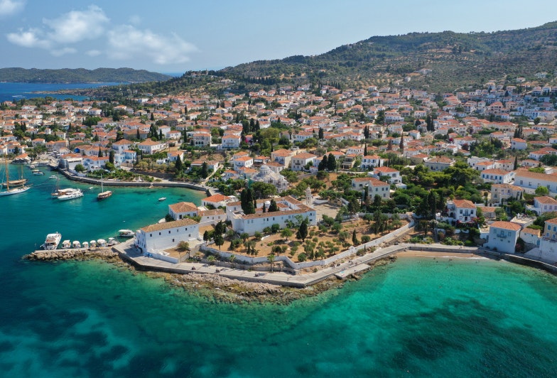 Drone photo of old seaside town of Spetses island, Greece