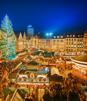The lit up display of the Christmas market in downtown Frankfurt at night
