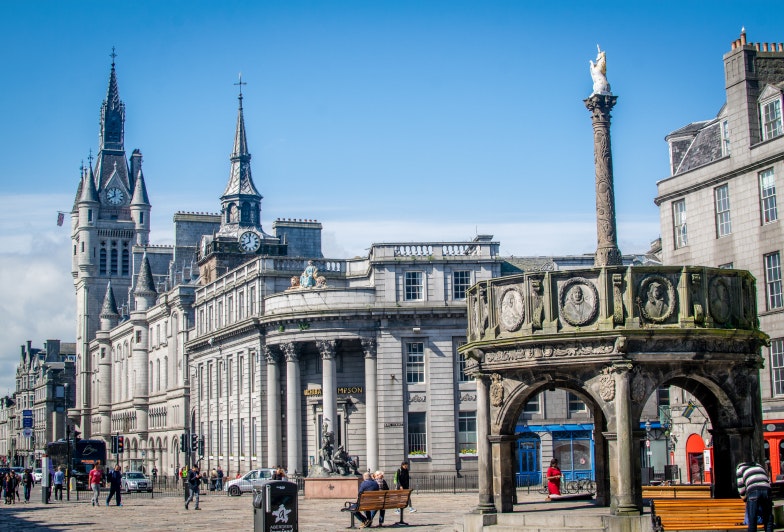 Castlegate square and Aberdeen’s Mercat Cross in Aberdeen.