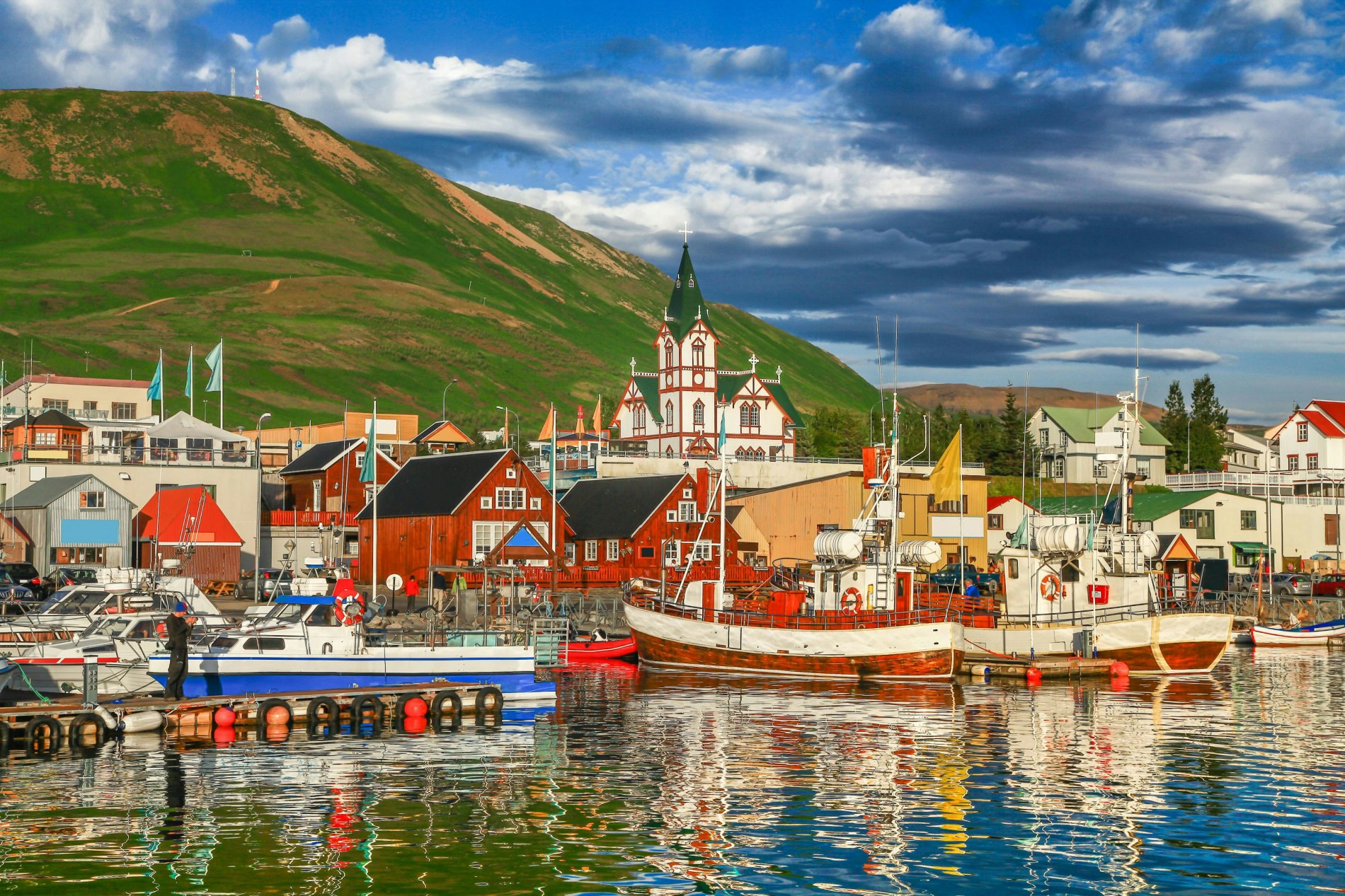 A view of the harbor in the town of Húsavík in the north of Iceland 