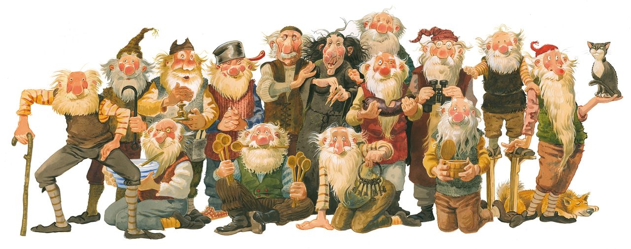 A family group photo of the Yule Lads with their parents and the Christmas Cat