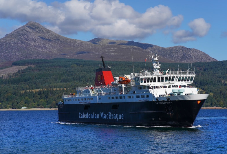 The Calmac ferry "Caledonian Isles" approaching the pier of Brodick harbour on the Isle of Arran