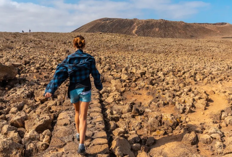 Trail to the Crater of the Calderon Hondo volcano near Corralejo, north coast of the island of Fuerteventura, Canary Islands. Spain