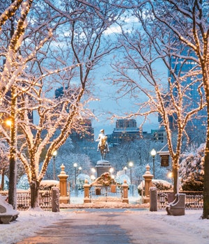 The beautifully decorated entrance to Boston Common with the statue of George Washington in the center in Boston, USA.