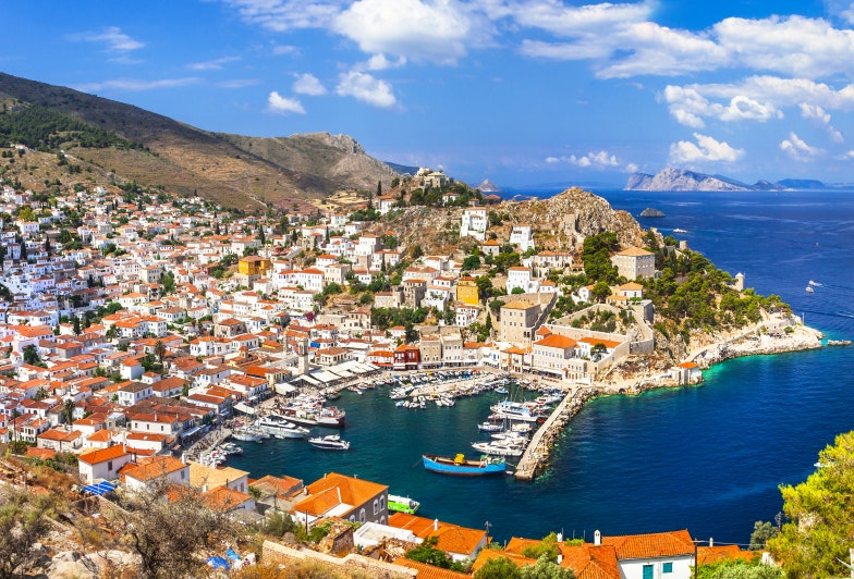 panorama of a seaside town Hydra in Greece
