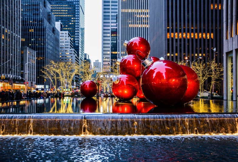 Giant red christmas baubles located on Sixth Avenue, Manhattan. New York City