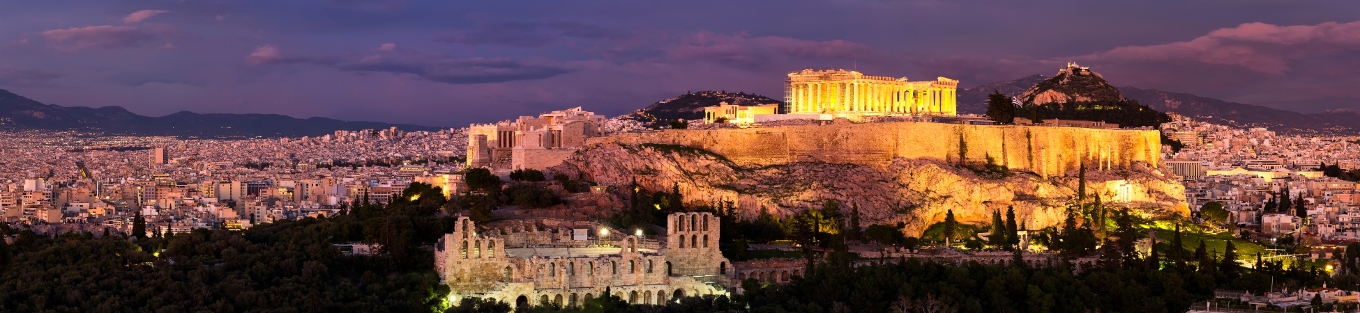 Panorama of Athens with Acropolis hill at sunset, Greece