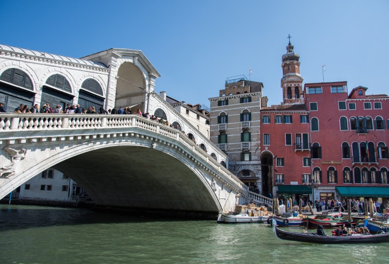 Venice,The Rialto Bridge , Ponte di Rialto buildings near the canal, Italy